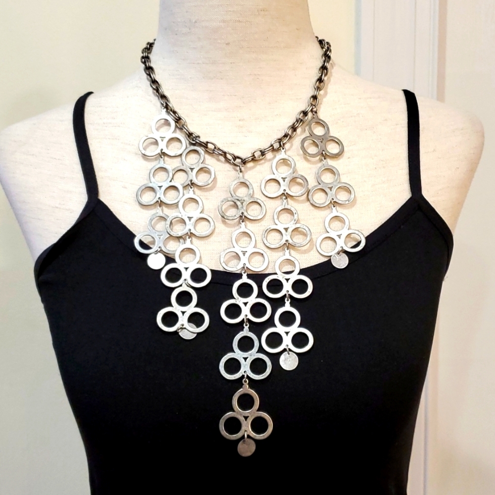 Marlyn Schiff Silver Circle links Statement Necklace.